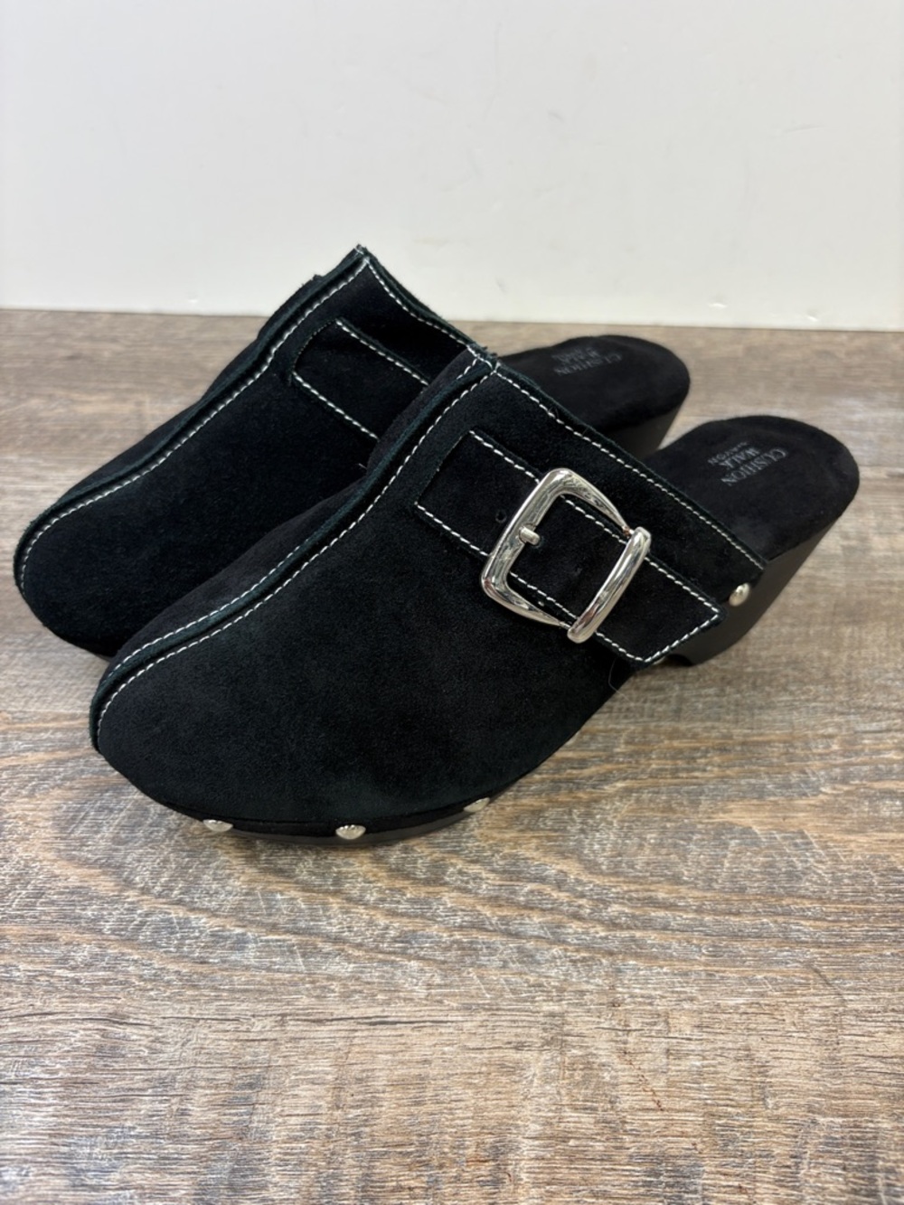Cushion Walk by Avon Black Suede Clog Mules Studded Buckle Slip-On Shoes Size 7